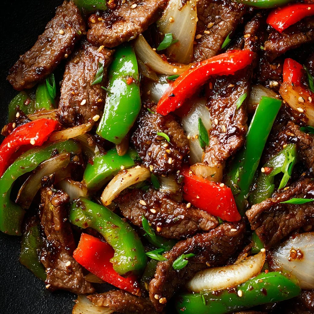 Delicious Chinese pepper steak with onions served in a takeout container.