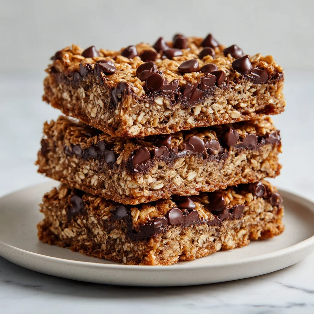 Soft and chewy chocolate chip baked oatmeal bars on a wooden table