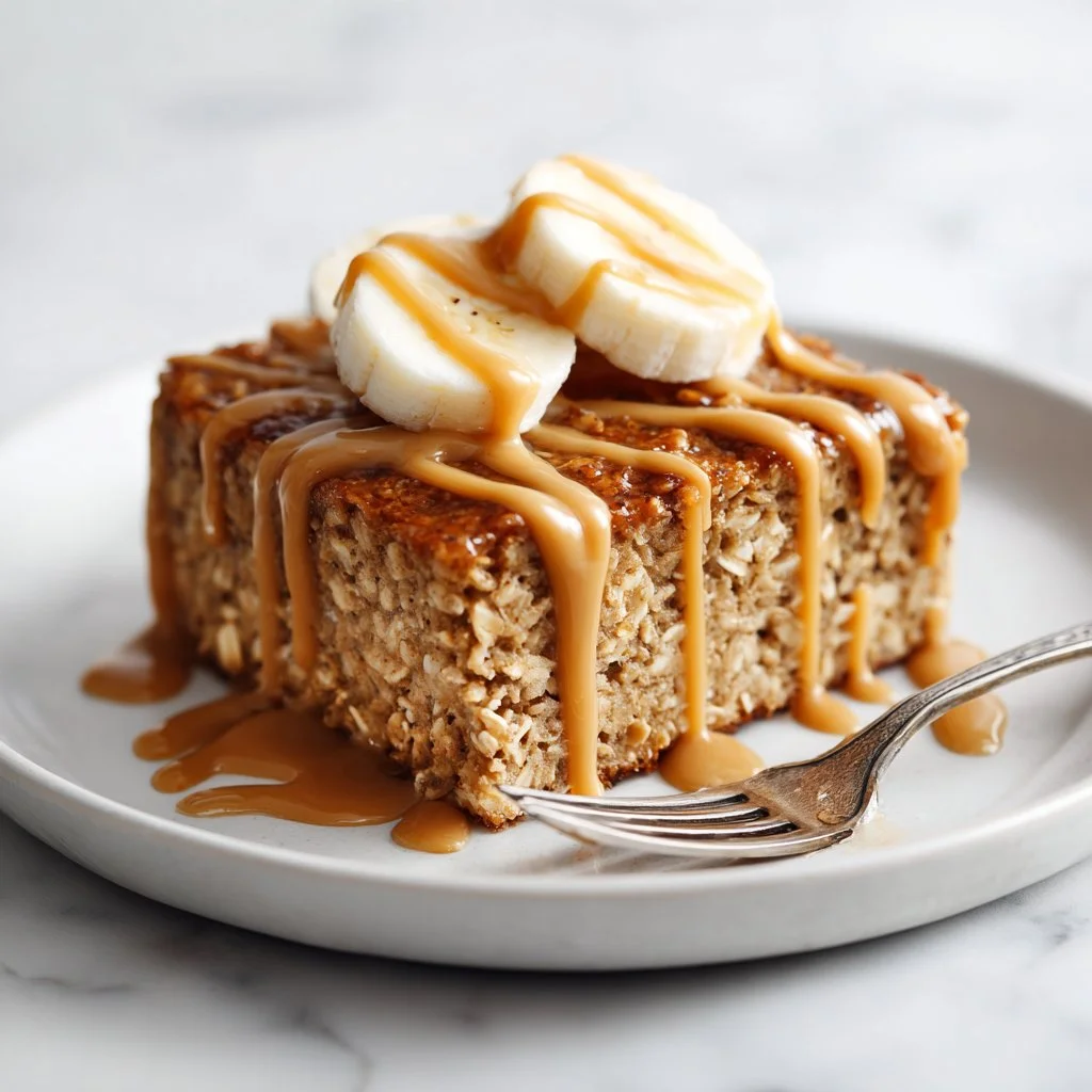 Soft and chewy peanut butter banana baked oatmeal topped with banana slices.