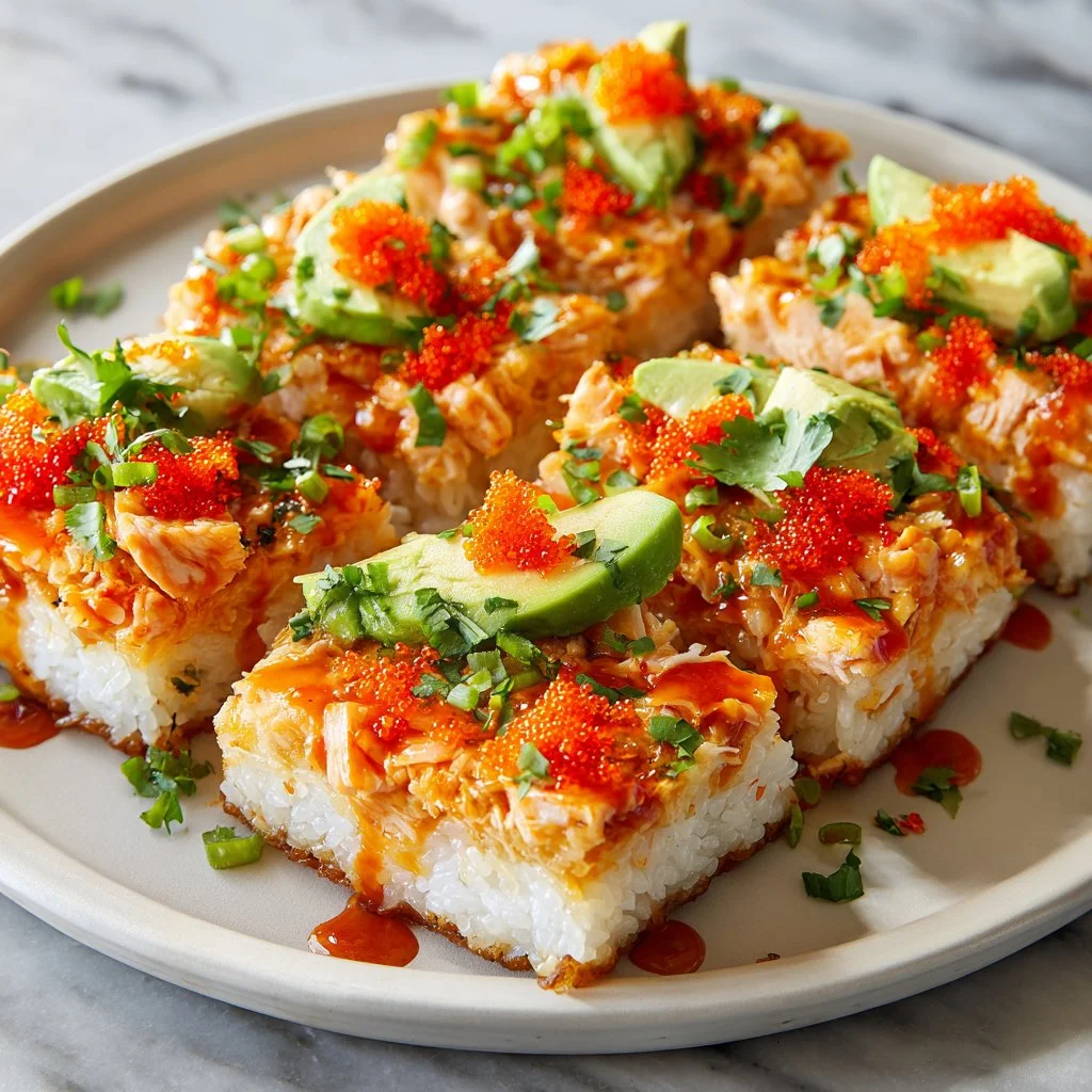 Delicious Spicy Salmon Sushi Bake topped with creamy sauce