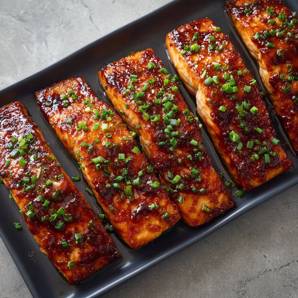 Delicious plate of sticky BBQ glazed salmon drizzled with sauce