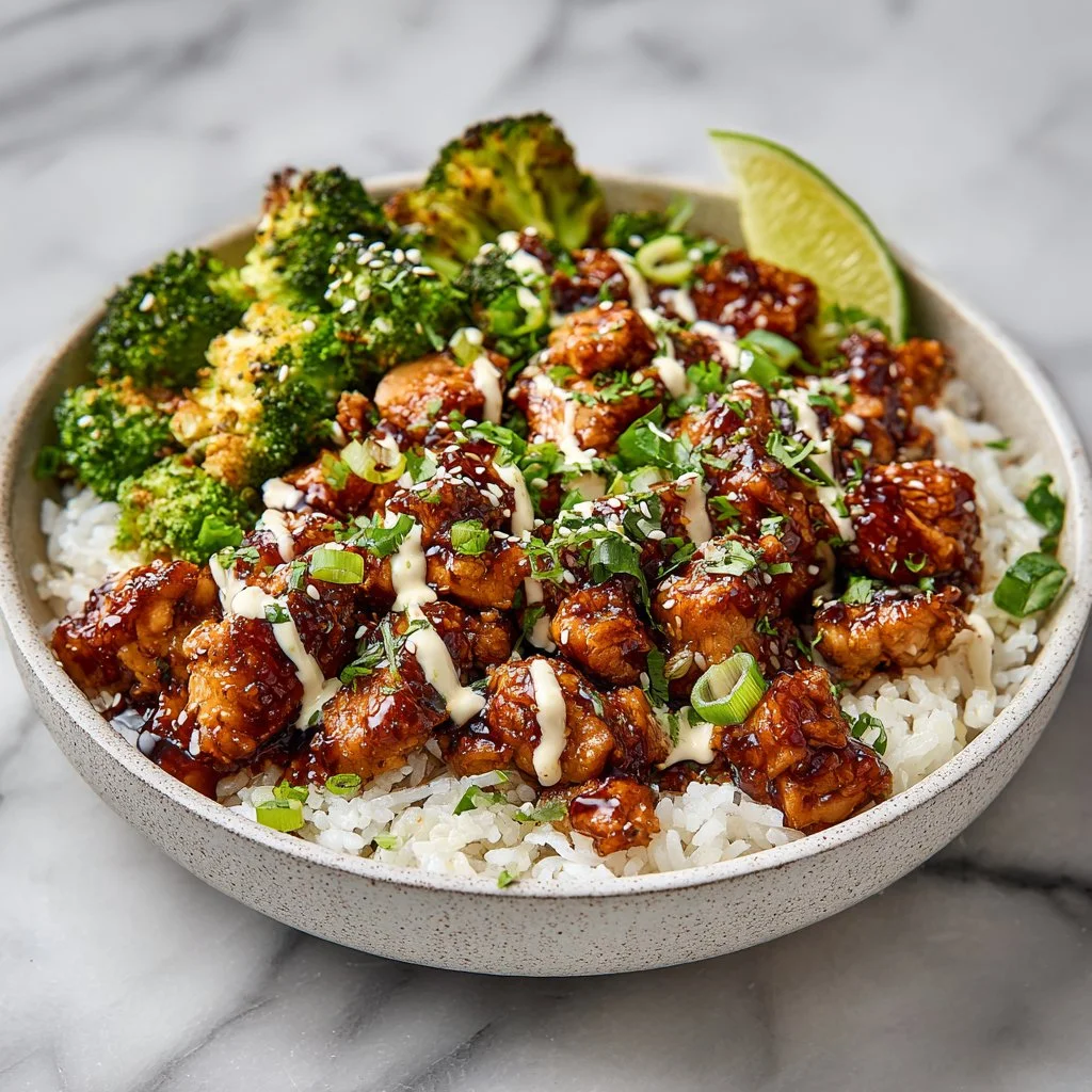 Sticky chicken rice bowl topped with spicy creamy mayo in a vibrant dish