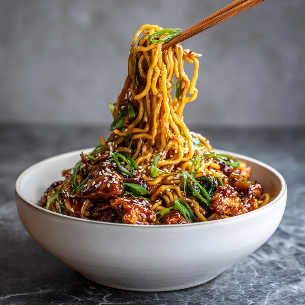 Sticky garlic chicken noodles served in a bowl with fresh garnishes