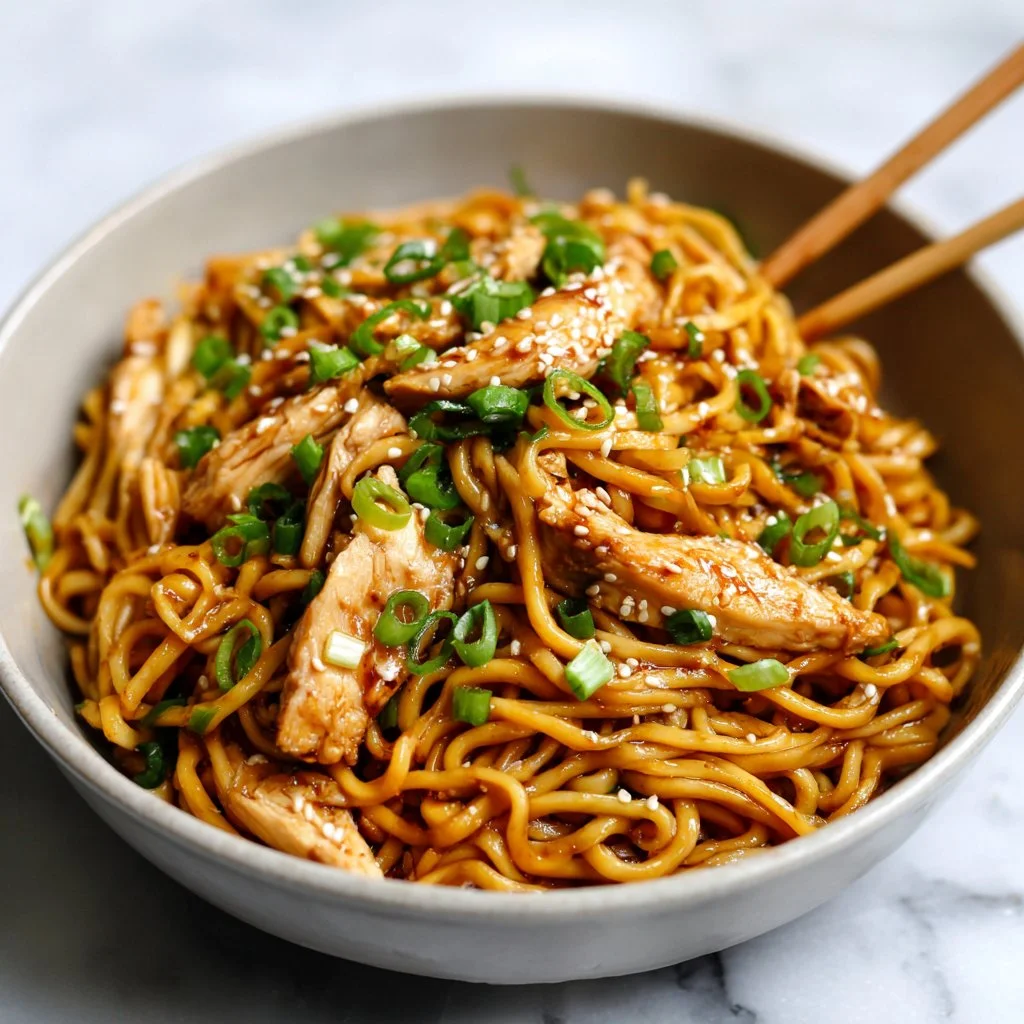 Delicious sticky garlic chicken noodles served in a bowl