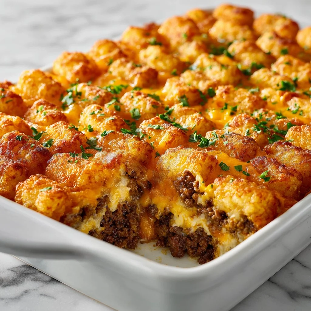 Sausage breakfast casserole with tater tots, cheese, and eggs served in a dish.