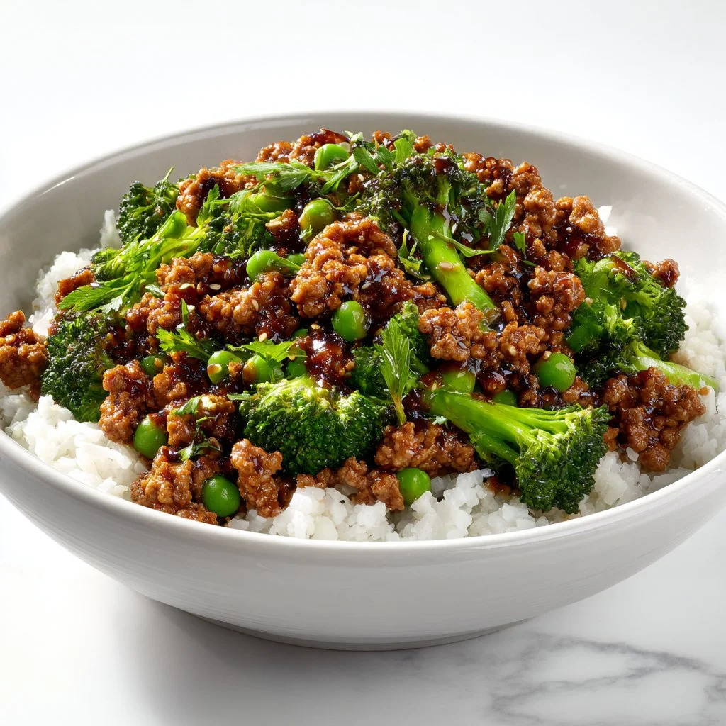 Teriyaki ground turkey and broccoli bowl served in a colorful dish.