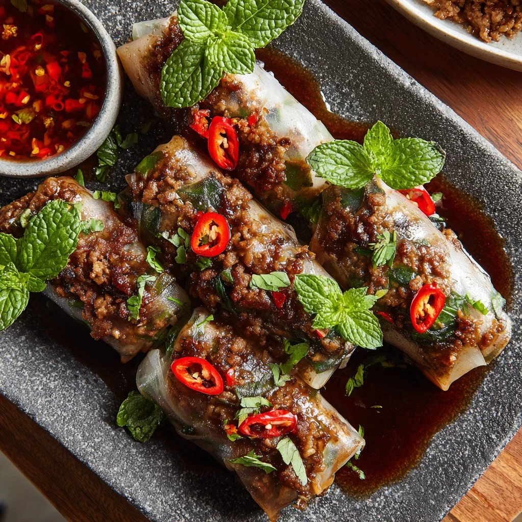 Thai Basil Beef Rolls with fresh ingredients and vibrant flavors