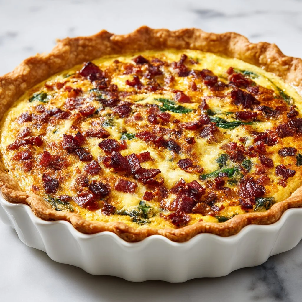 Delicious bacon cheddar quiche baked to perfection