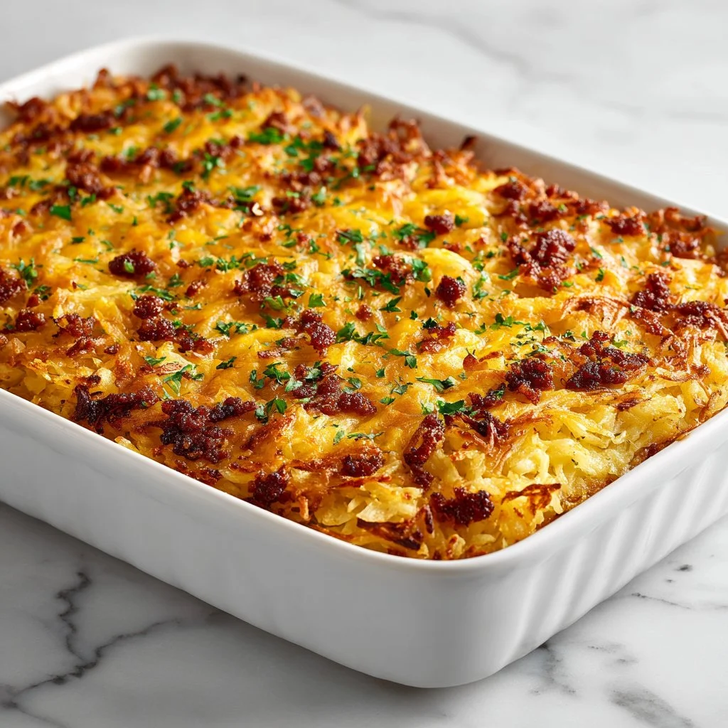 Delicious breakfast hashbrown casserole baked to perfection.
