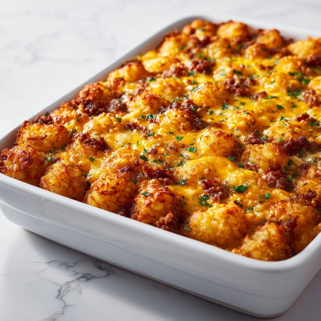 Cheesy tater tot breakfast bake served in a dish