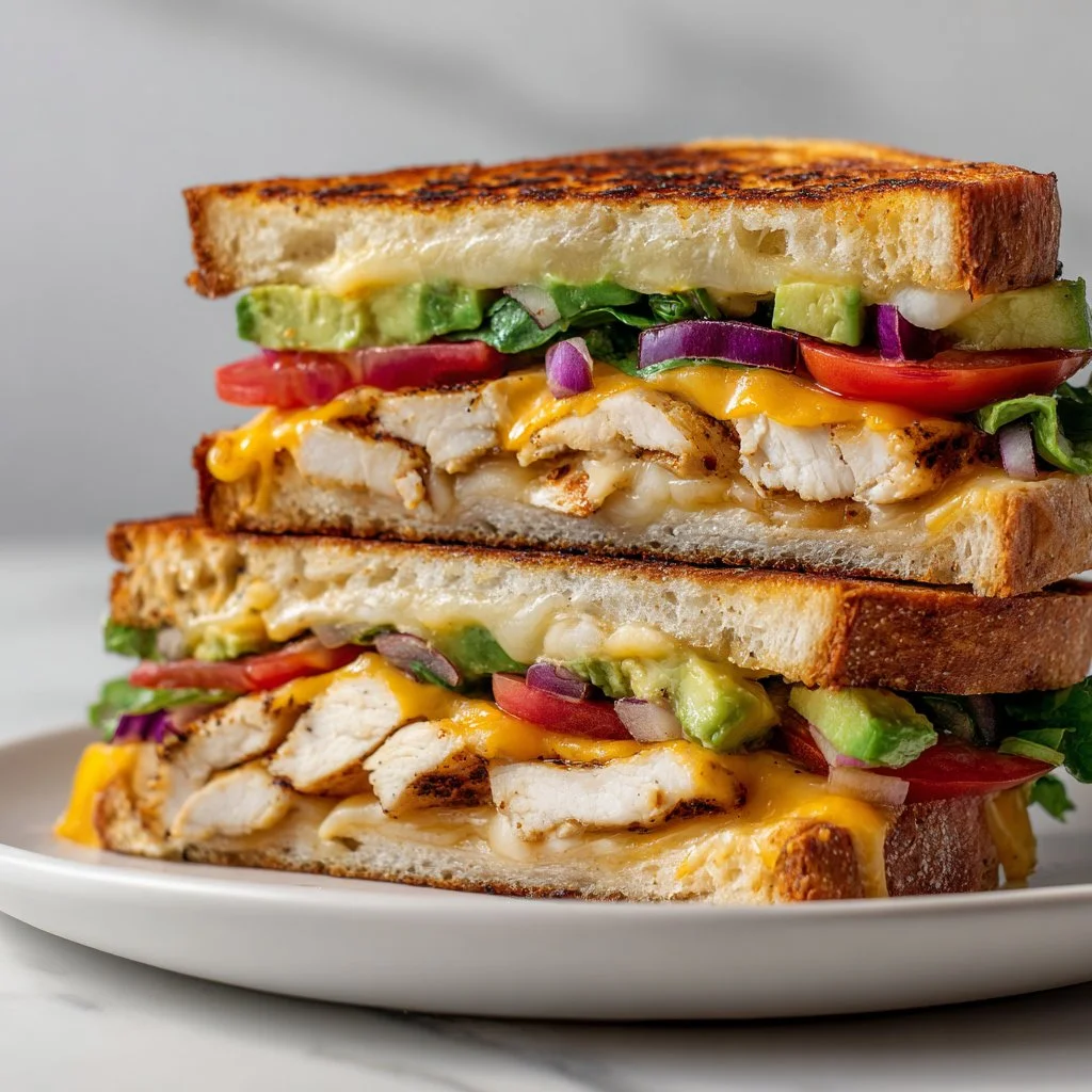 Delicious chicken avocado melt sandwich with cheese and fresh ingredients
