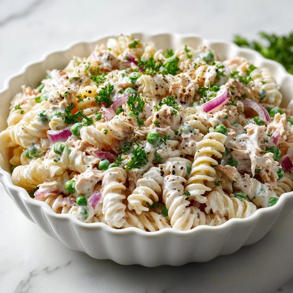 Delicious creamy tuna pasta salad served in a bowl
