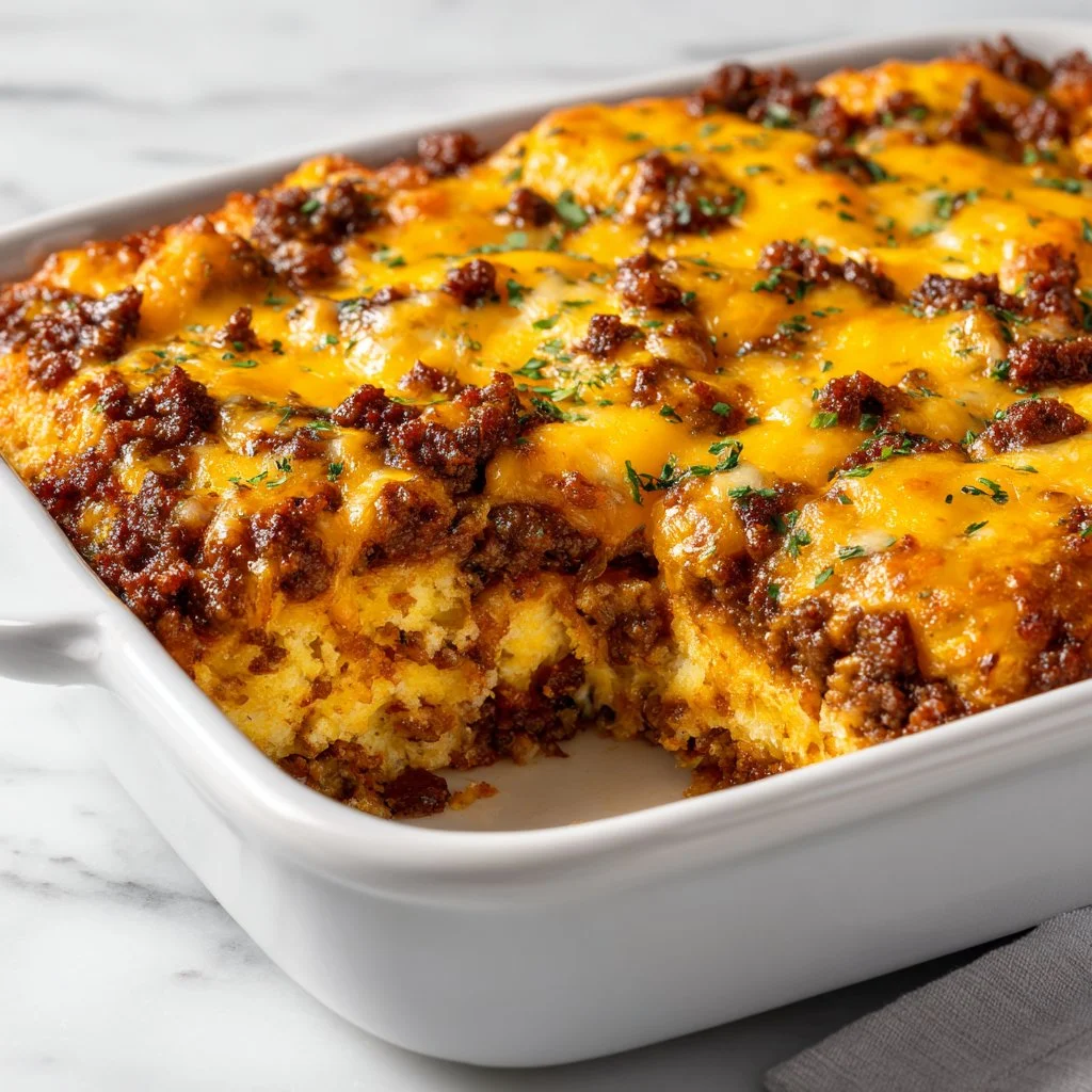 Savory biscuit breakfast casserole topped with cheese and herbs.