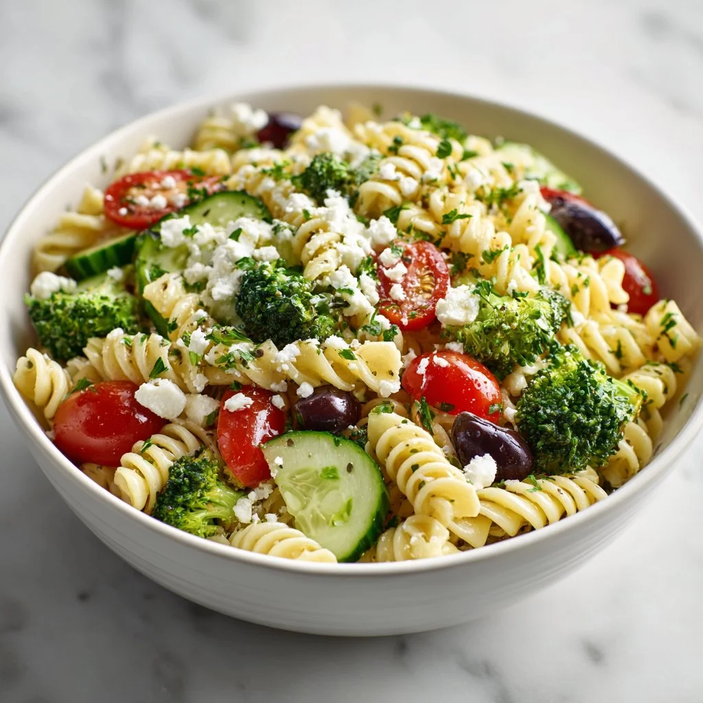 A colorful bowl of high protein pasta salad with fresh vegetables and dressing