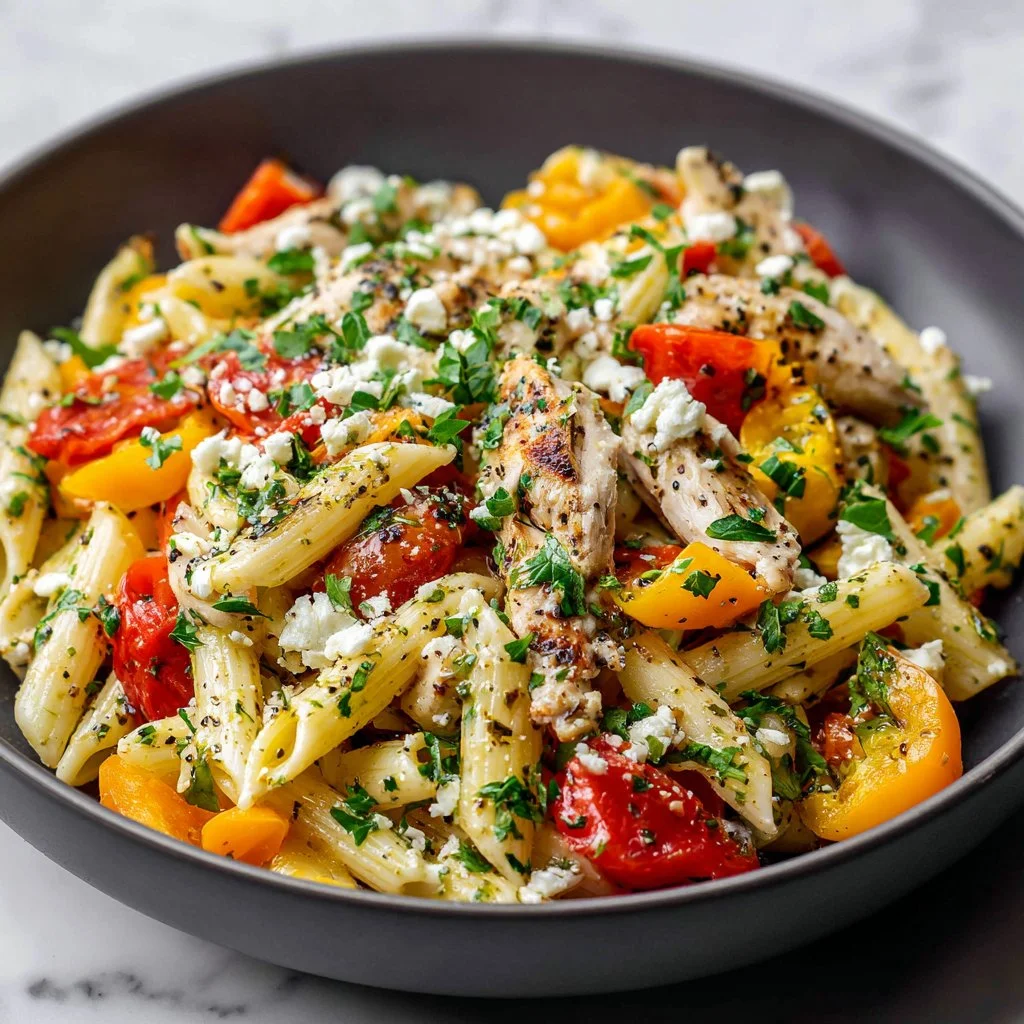Delicious protein-packed chicken pasta salad in a bowl garnished with fresh vegetables