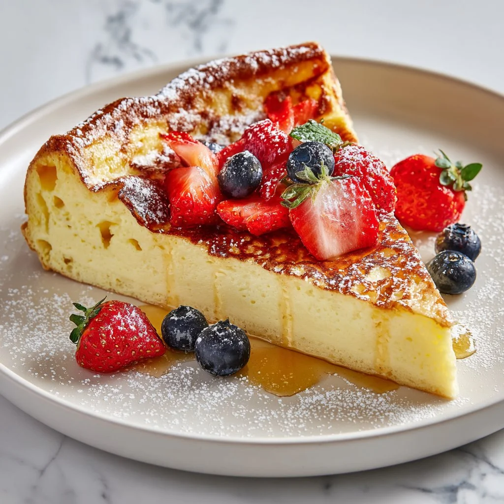 Fluffy homemade German pancakes served with syrup and fruits