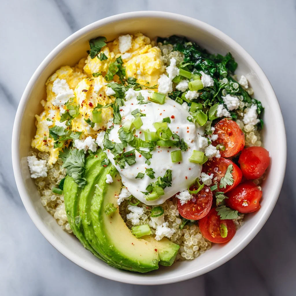 A colorful high protein breakfast bowl filled with ingredients for a nutritious meal.