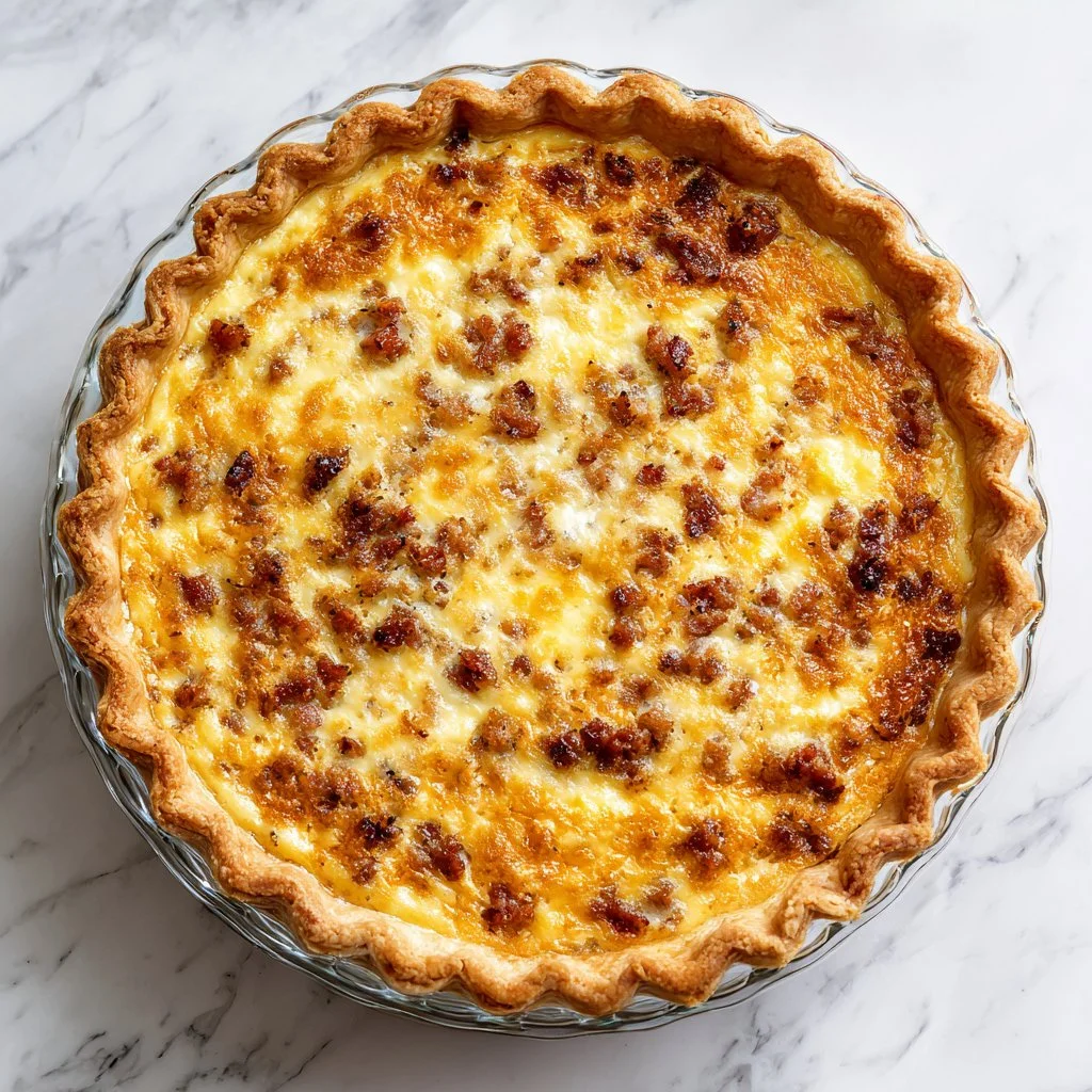 Cheesy bacon breakfast quiche with fresh herbs and golden crust
