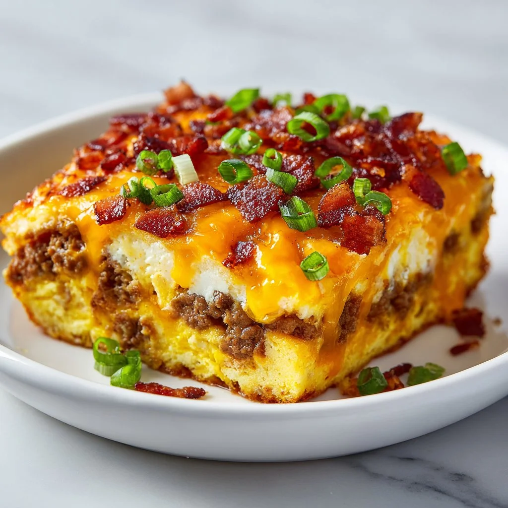 Savory breakfast casserole served on a plate with fresh herbs and eggs