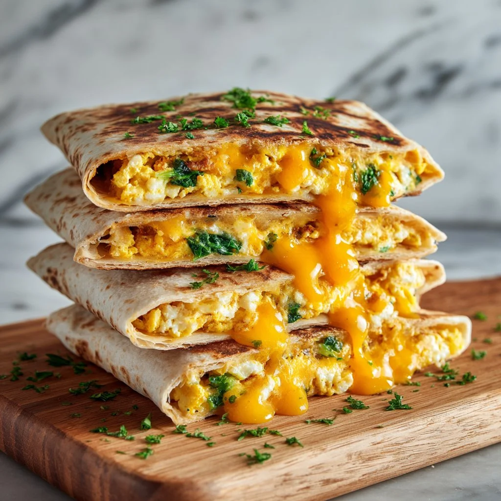 Delicious breakfast crunchwrap filled with eggs, cheese, and crispy bacon.