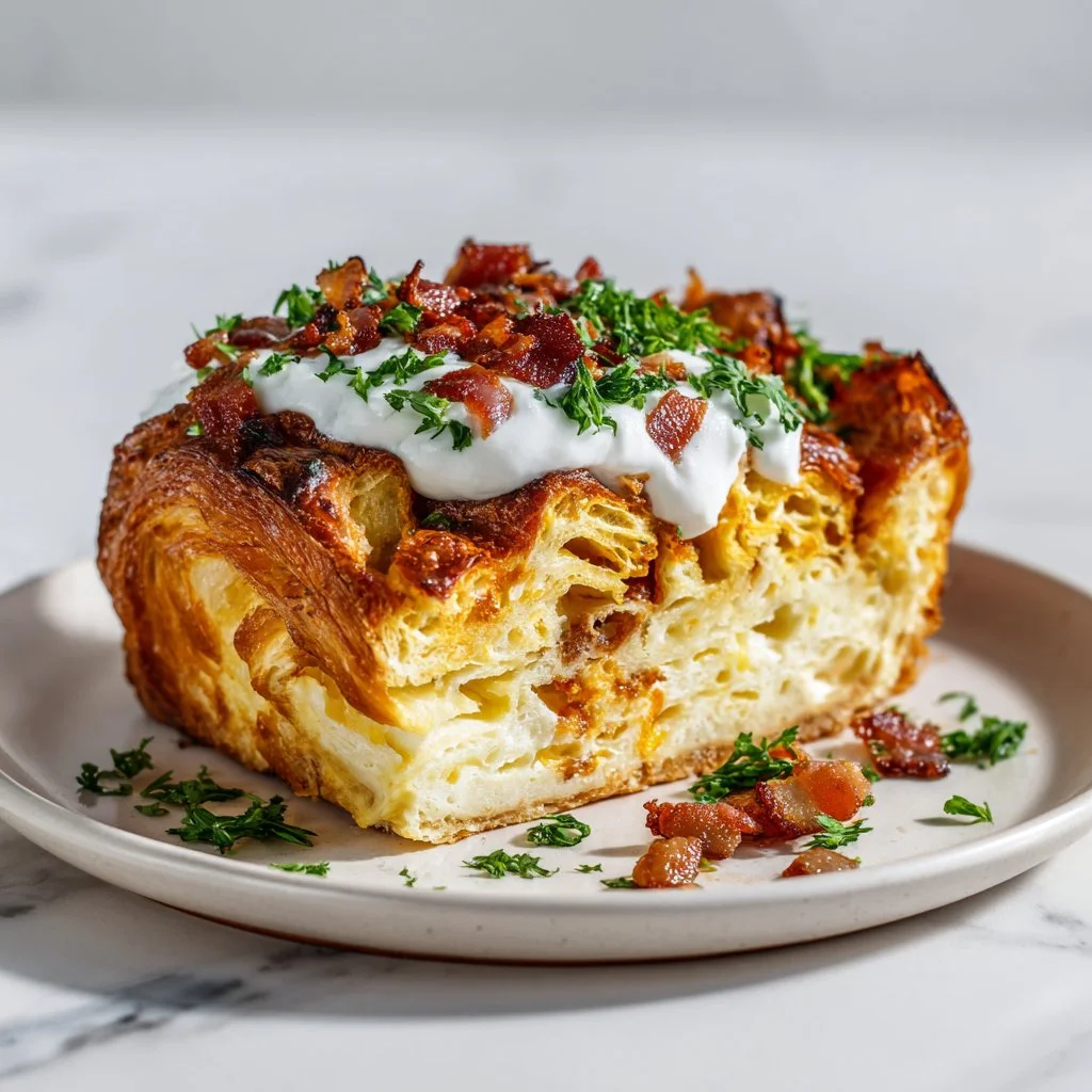 Delicious croissant casserole served for breakfast beside fresh fruit.