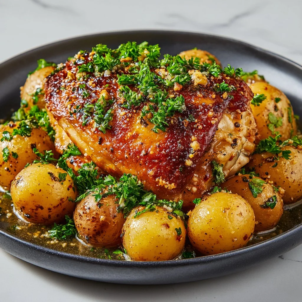 Delicious garlic parmesan chicken cooked in a crockpot, garnished with herbs