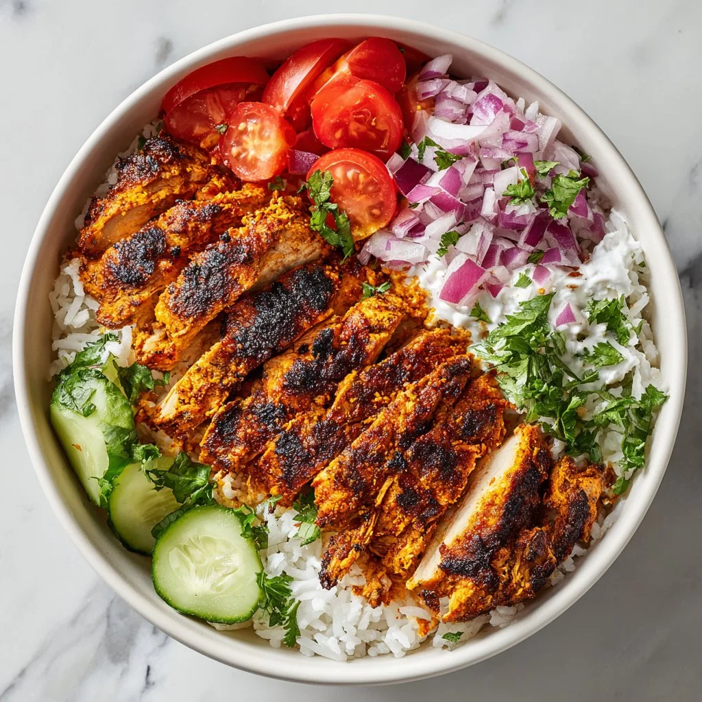 Healthy chicken shawarma bowl with fresh vegetables and spices