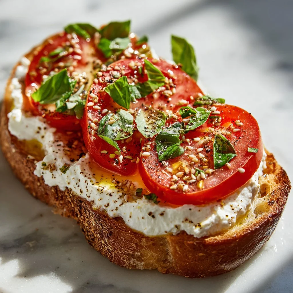 Healthy tomato toast topped with cottage cheese, fresh herbs, and spices.