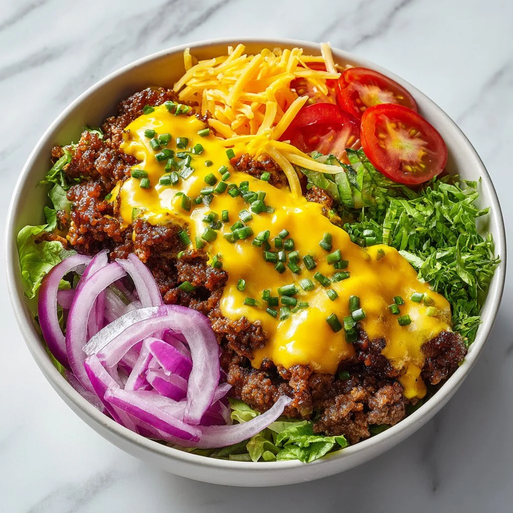 High-protein cheeseburger bowl with fresh ingredients and toppings