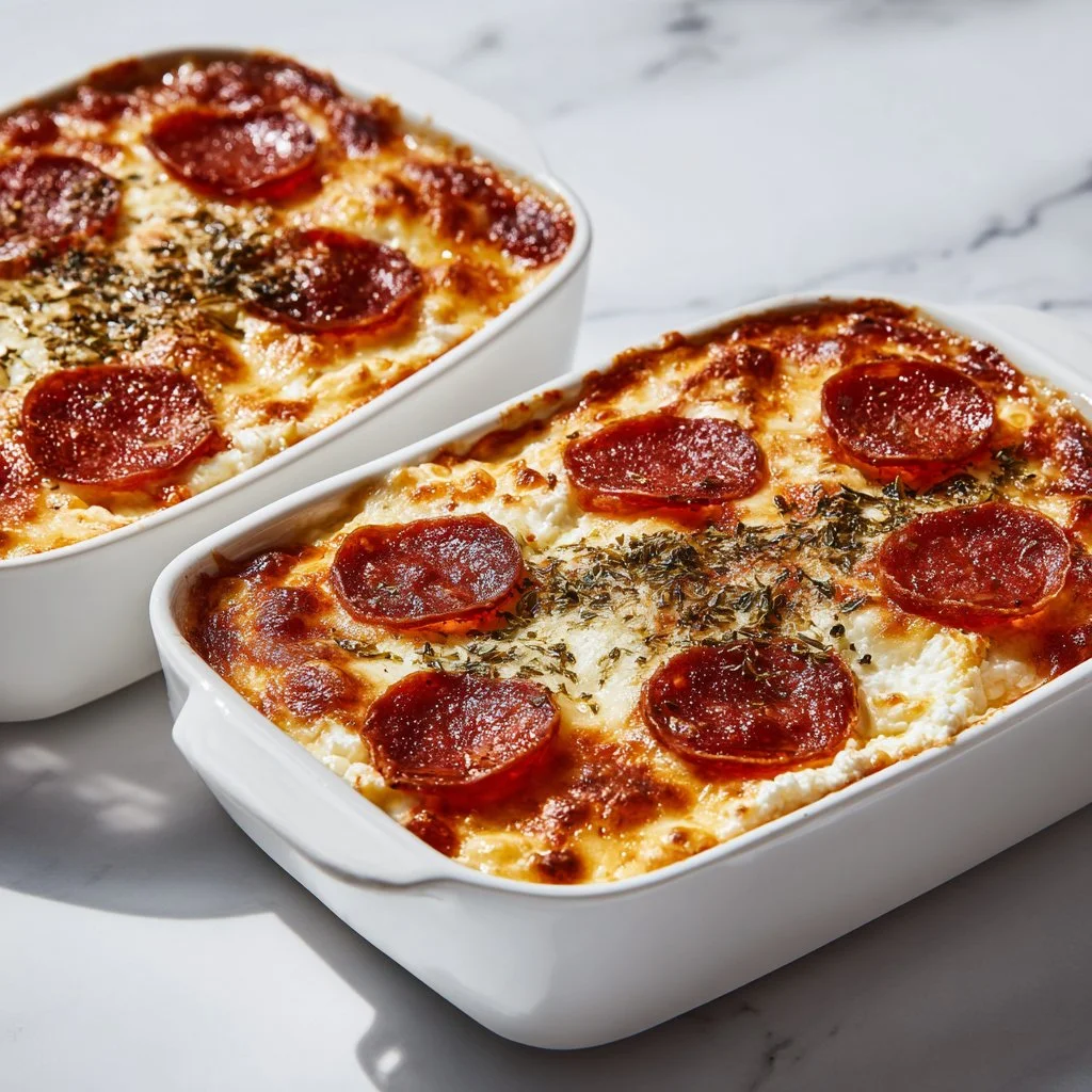 High protein cottage cheese pizza bowl topped with fresh ingredients.