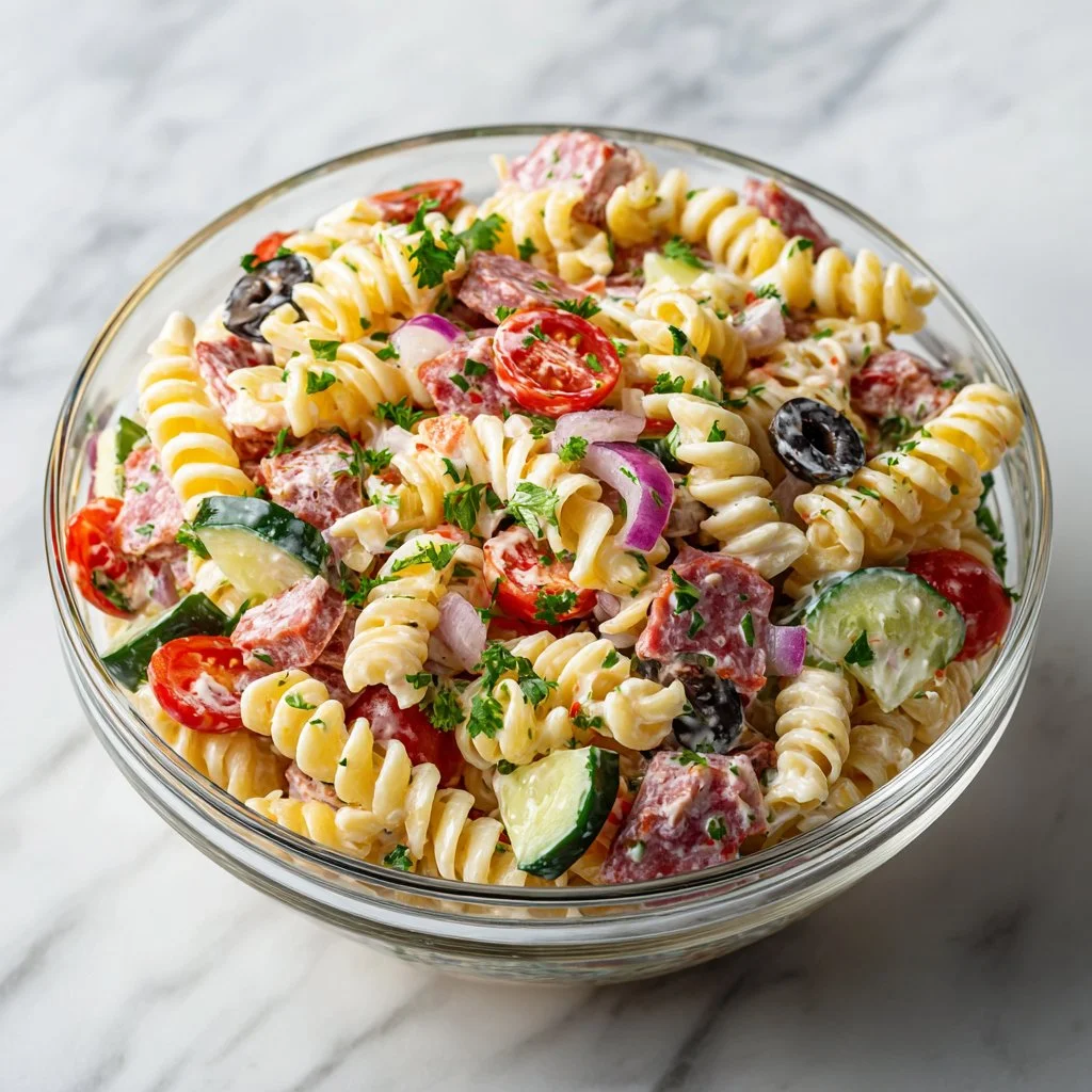 Bowl of Italian Grinder Pasta Salad with fresh ingredients and vibrant colors