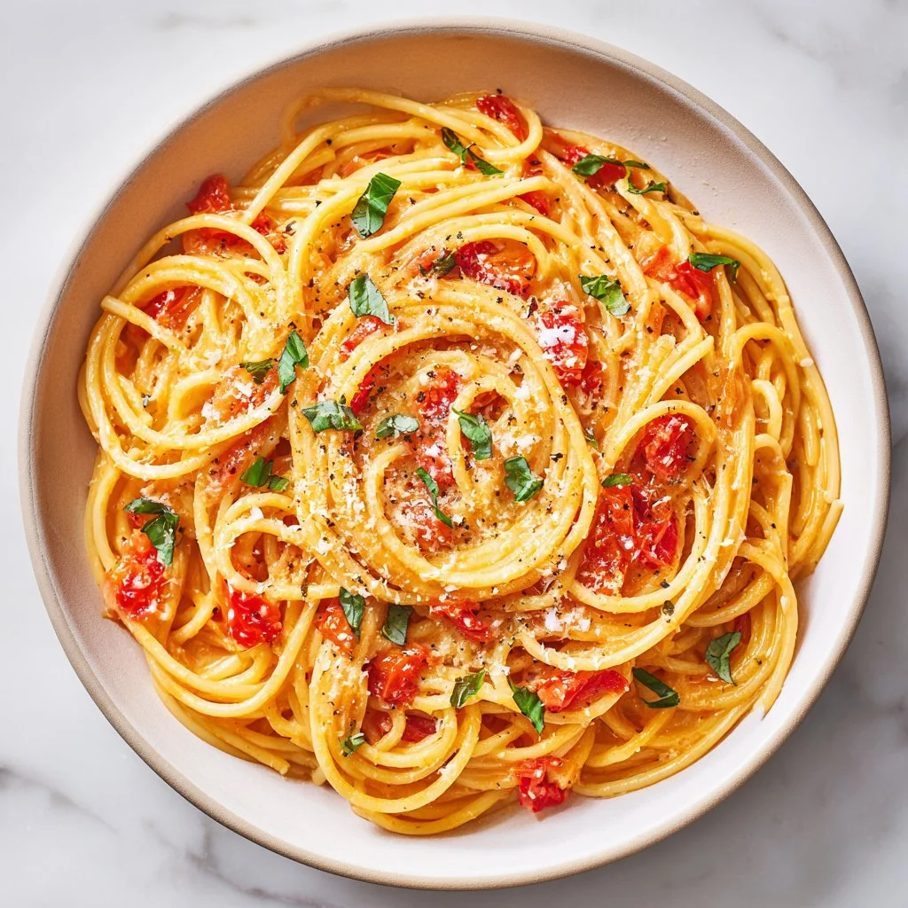 A plate of simple and flavorful Tomato Garlic Pasta topped with fresh herbs.