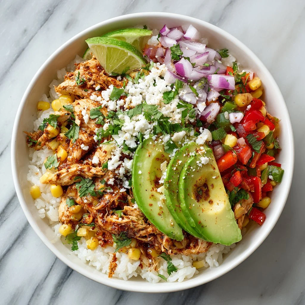 Delicious street corn chicken bowl topped with fresh ingredients