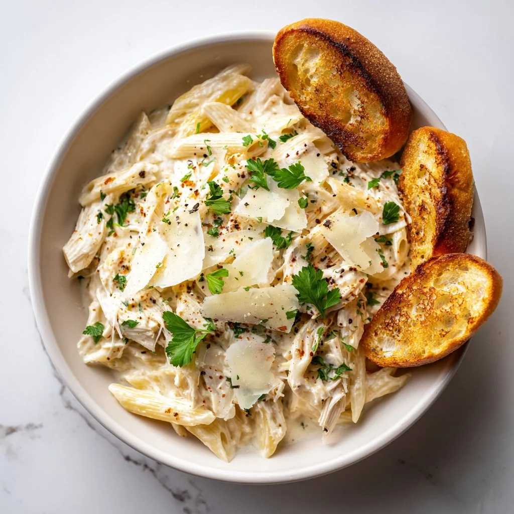 Crockpot Chicken Alfredo with creamy sauce and cheese