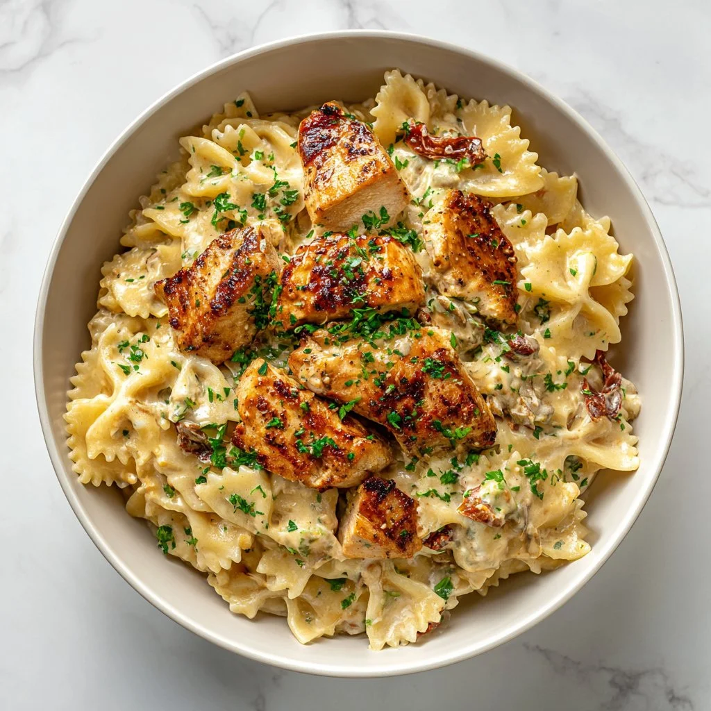 Creamy angel chicken served with pasta in a delicious and velvety sauce.