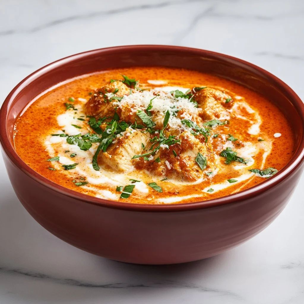 Bowl of velvety creamy chicken parmesan soup garnished with herbs