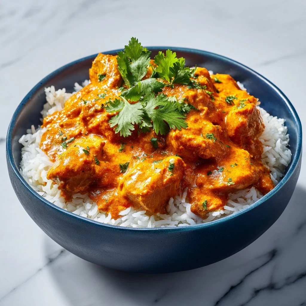 Crockpot butter chicken served with rice and garnished with cilantro