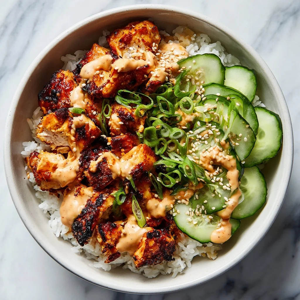 Viral Bang Bang Chicken Bowl topped with spicy sauce and fresh vegetables.