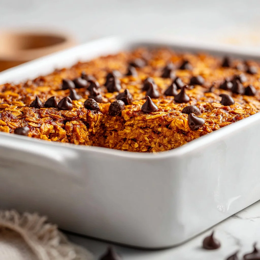 Warm pumpkin chocolate chip baked oatmeal in a cozy setting