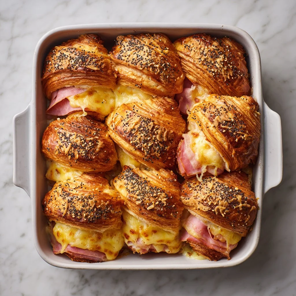 Warm and flaky baked ham and cheese croissants on a plate