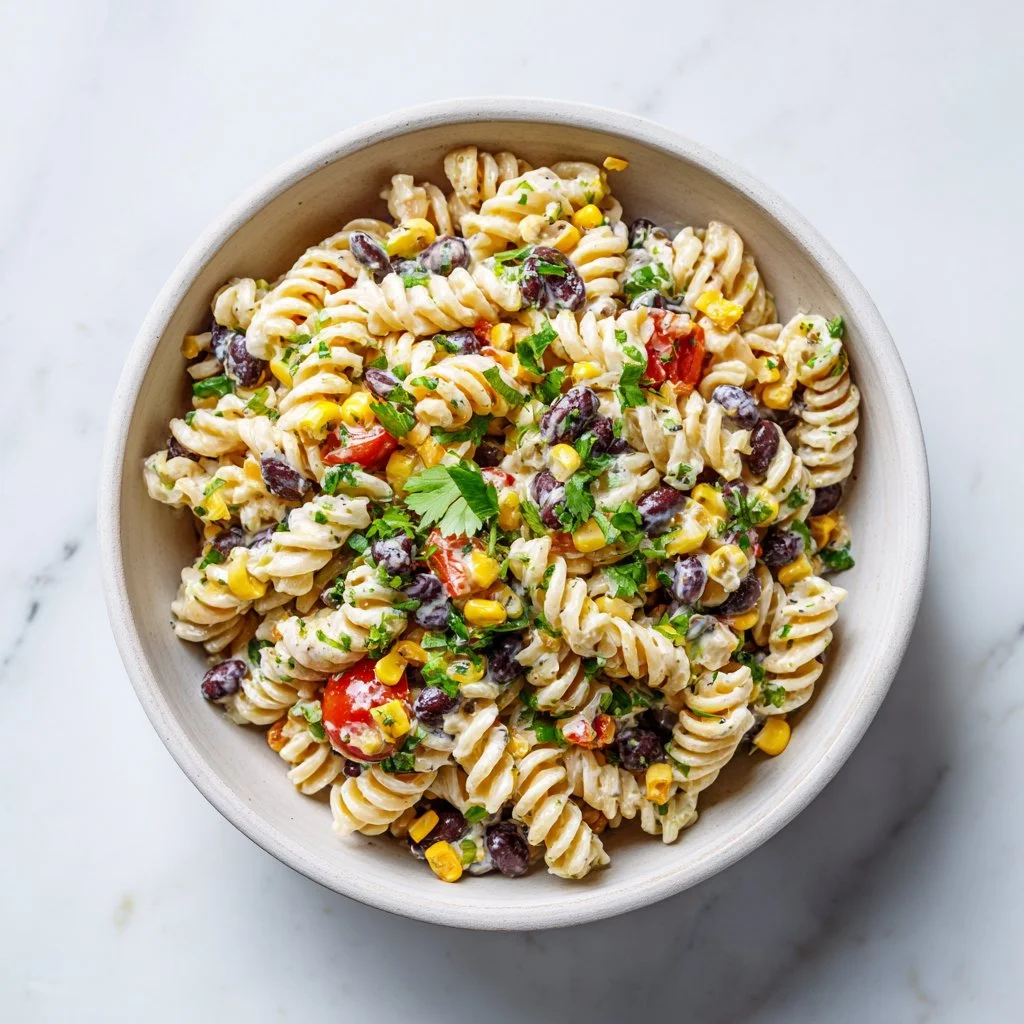 Zesty black bean and corn pasta salad bowl with fresh vegetables and herbs
