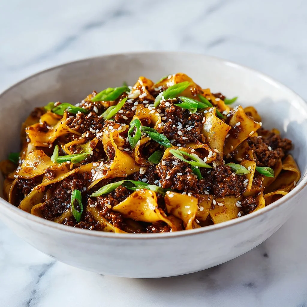 Zesty potsticker noodle bowl garnished with fresh vegetables and herbs