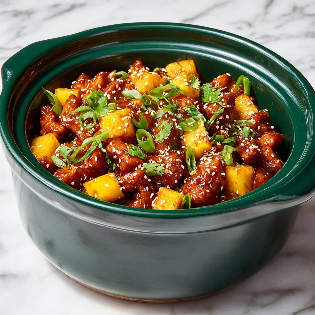 Zesty and sweet Hawaiian Crockpot Chicken dish served in a bowl