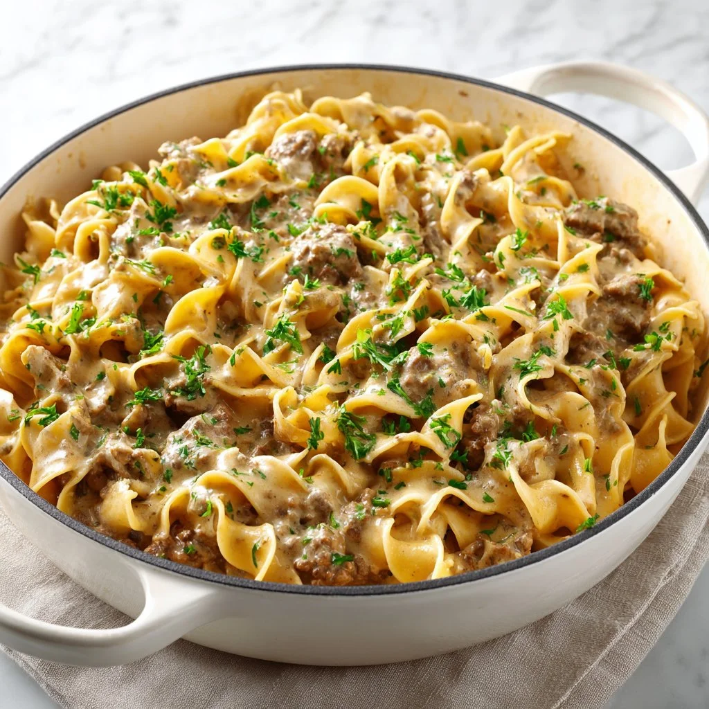 Delicious 30-minute ground beef stroganoff served over egg noodles