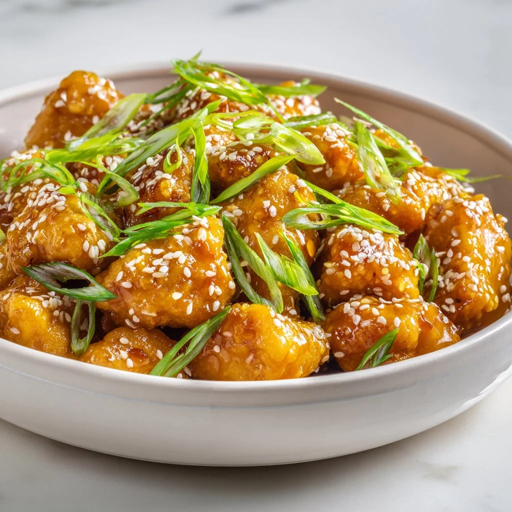 Delicious Asian crockpot orange chicken served with rice and vegetables.