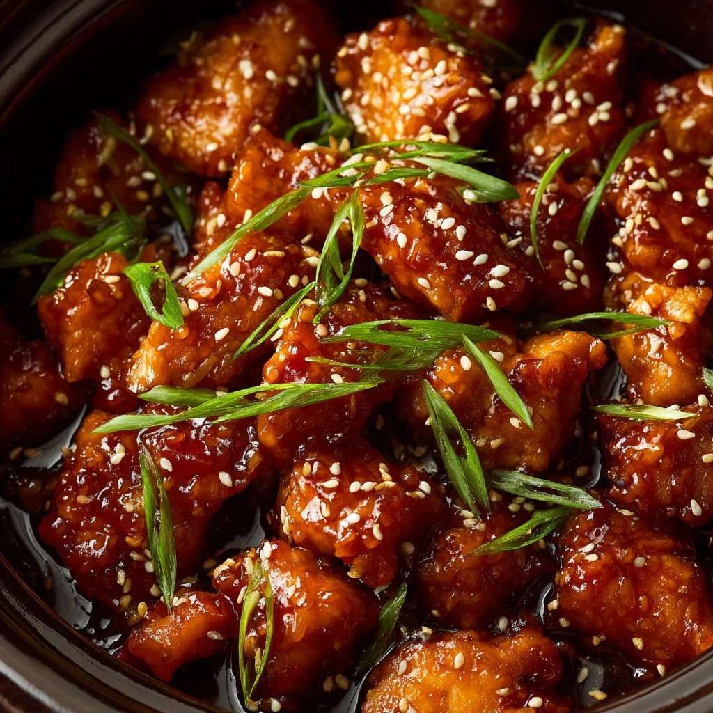 Asian Crockpot Orange Chicken served in a bowl with rice and vegetables.