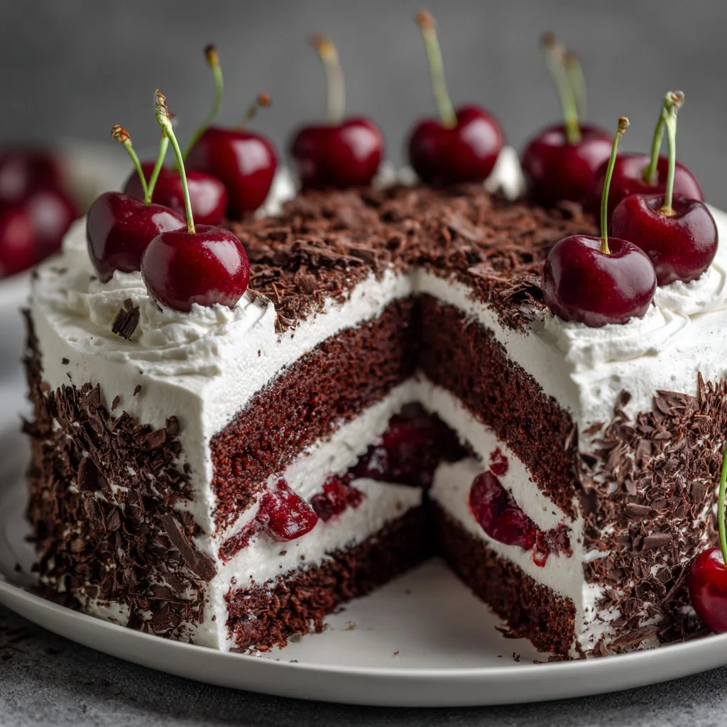 Authentic Spring Black Forest Cake with layers of chocolate and cherries
