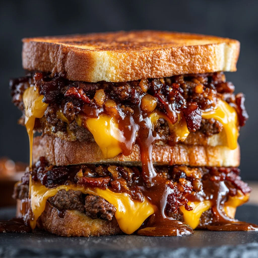 Delicious Bacon Bourbon Cheeseburger Melt topped with crispy bacon and cheese