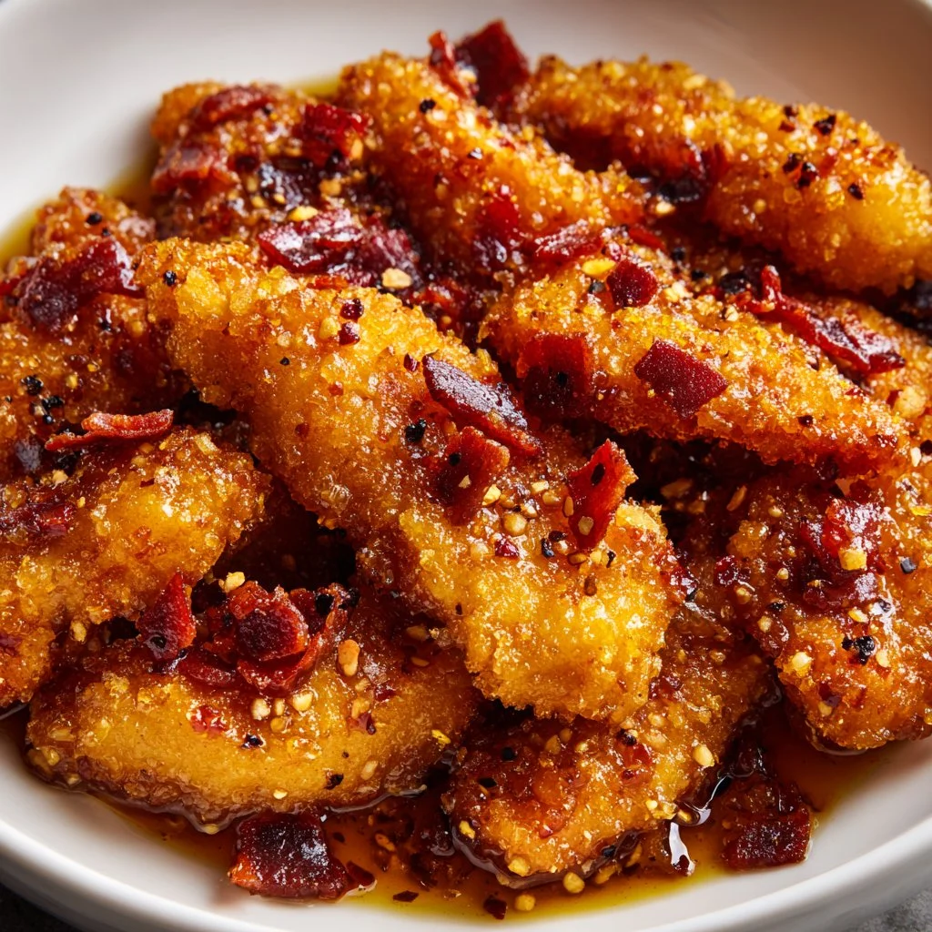 Bacon Brown Sugar Chicken Tenders served with a side of dipping sauce