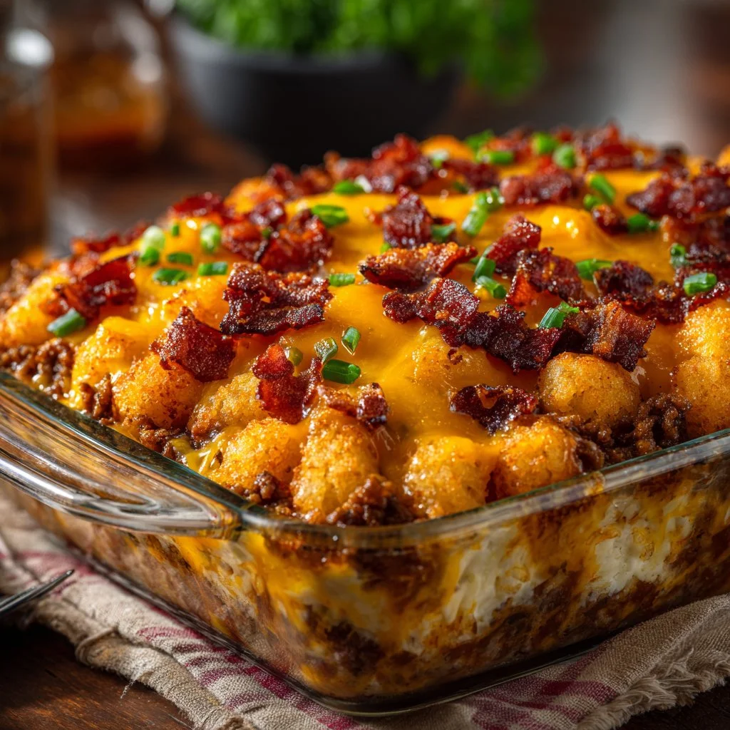 Delicious bacon cheeseburger casserole topped with melted cheese and crispy bacon